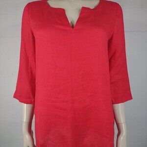 NWT J. Jill Pimento red 100% Linen 3/4 sleeve Y-Neck shirt blouse ladies XS